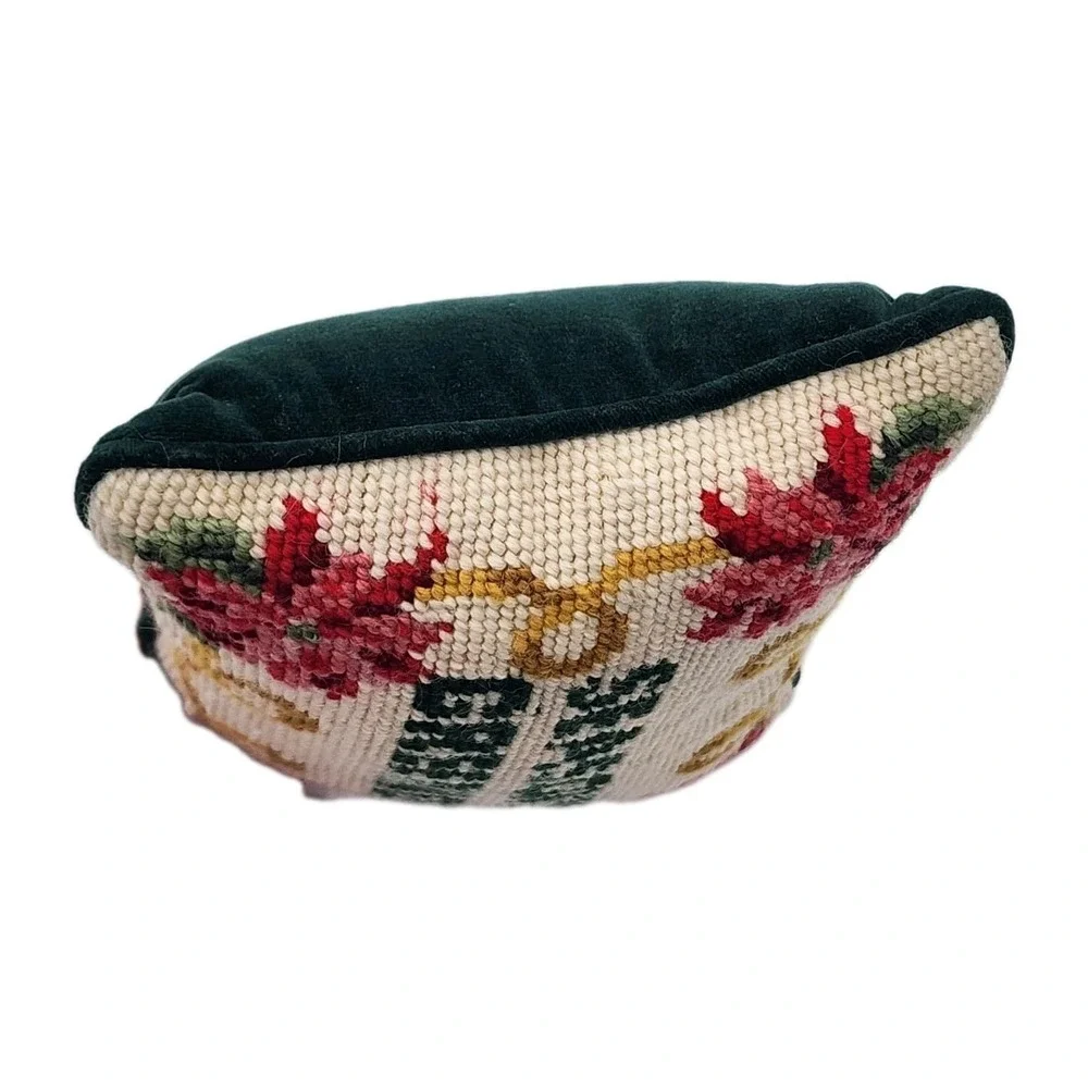 Vintage Seasons Greetings Needlepoint Pillow Christmas Poinsettia Holiday Decor
